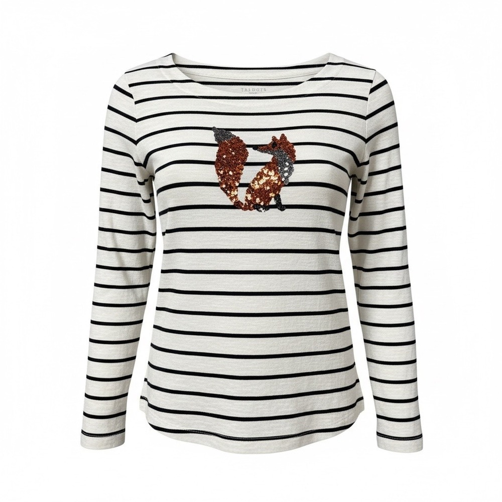 Talbots Cream and Black Striped Long Sleeve Tee with Sequin Fox Motif